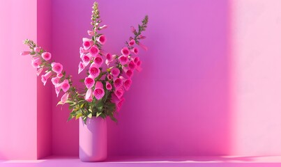 Pink foxglove flowers in vase, minimalist pink room, sunlight.  Home decor, website banner