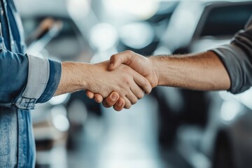 A mechanic and a customer shaking hands in an auto repair shop, with an auto insurance claim form and repair tools visible in the background, capturing trust and professionalism