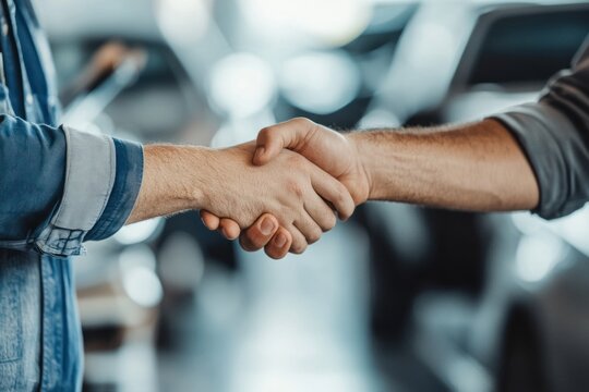 A mechanic and a customer shaking hands in an auto repair shop, with an auto insurance claim form and repair tools visible in the background, capturing trust and professionalism