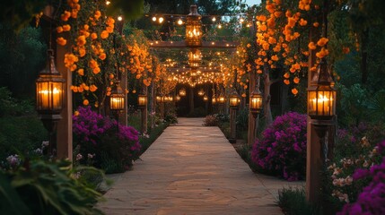 Obraz premium Spiritual garden pathway, suspended orange flower garlands, artisanal metalwork lanterns with warm light, fuchsia flowering vines, ambient string lights, evening garden setting, cultural