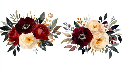 Watercolor Burgundy and Cream Roses and Anemones Bouquet Painting, Romantic Floral Arrangement, Elegant Wedding Design