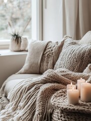 Cozy Knitted Blankets Candles And Pillows On Sofa