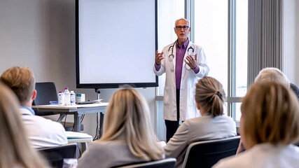 Elderly male doctor giving medical presentation to group