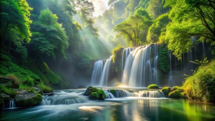 Fototapeta premium Serene Waterfall Cascading Through Lush Green Foliage Bathed in Sunlight's Embrace