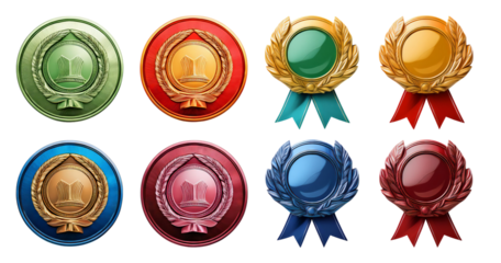 Colorful Medals and Badges with Ribbon for Achievement and Awards, isolated on transparent background