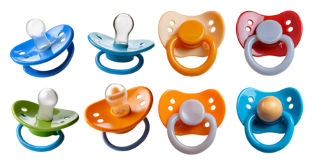 Assorted Baby Pacifiers in Various Colors and Designs on White Background, isolated on transparent background