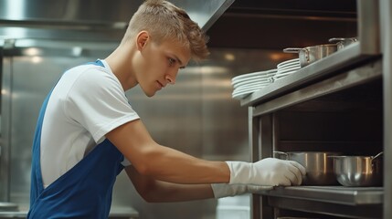 Young man in blue overalls cleaning an oven inside of restaurant kitchen