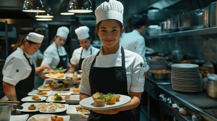 Female chef in an apron and white hat is serving up exquisite dishes on plates while her team of chefs works behind her