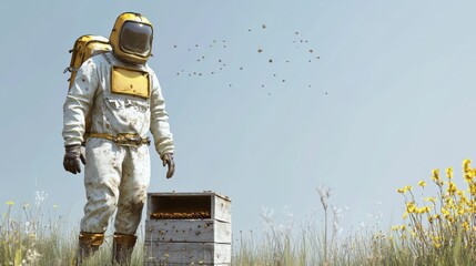 3D illustration of a beekeeper in full protective gear,
