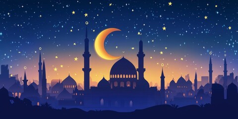 Night city crescent moon starscape