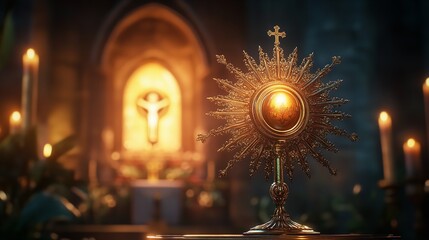Obraz premium The golden monstrance with a little transparent crystal center consecrated host church defocused background