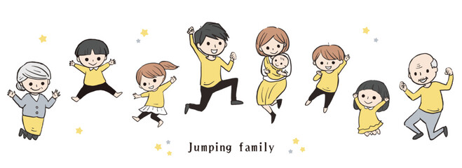 ジャンプするファミリー　三世代家族　イラスト