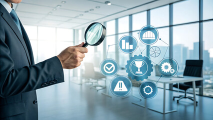 Business analysis, magnifying glass, data visualization, floating icons, office interior, transparent screens, corporate environment, digital technology, modern workspace, blue tones, professional att