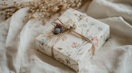 Obraz premium Artisanal gift styling, upcycled floral fabric, dried flower garnish, raw cotton string, delicate flower illustrations, pastel color scheme, ethereal lighting, sustainable lifestyle photography