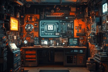 Futuristic tech lab, server room, glowing screens, cyberpunk backdrop, sci-fi design