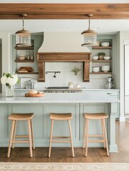 Elegant Sage Green Kitchen Island with Wooden Stools