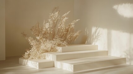 Fototapeta premium Minimalist ceremony setting, ivory dried florals, blush botanical accents, elegant stepped platform, curved architectural detail, morning light shadows, clean white aesthetic, fine art photography