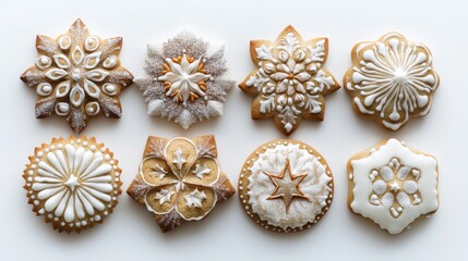 Fototapeta premium Artisanal holiday cookies, intricate icing patterns, traditional festive shapes, nordic star designs, christmas tree decorations, crystalline sugar dusting, white background styling, culinary