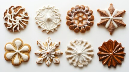 Artisanal holiday cookies, intricate icing patterns, traditional festive shapes, nordic star designs, christmas tree decorations, crystalline sugar dusting, white background styling, culinary