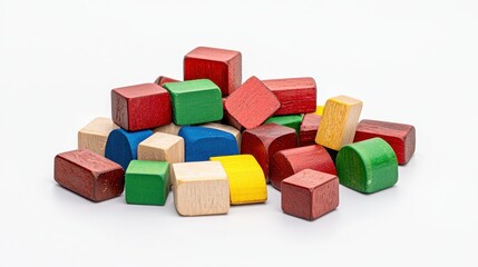 Obraz premium Colorful Wooden Blocks Pile on White Background
