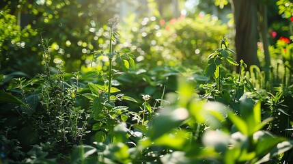 Fototapeta premium Vibrant garden bathed in sunlight, showcasing the beauty of green plants and flowers. Serene and peaceful.