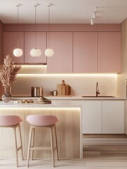 Modern Pink Kitchen Island with Wooden Stools and Lighting
