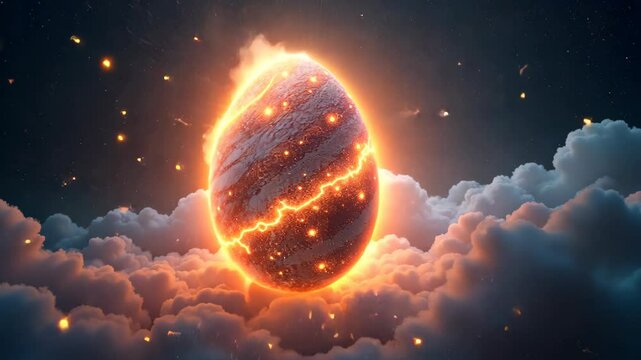 Rotating egg and emitting inner light and fire on clouds against the background of the night starry sky, Easter