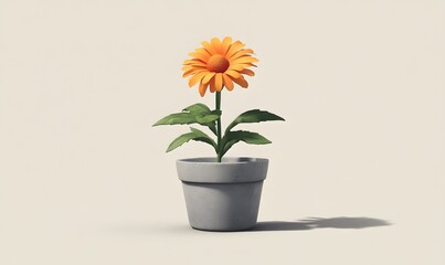 Fototapeta premium Single orange flower in grey pot, minimal background, growth concept, website design