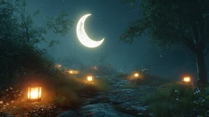 Enchanted Forest Path Under a Crescent Moon at Night
