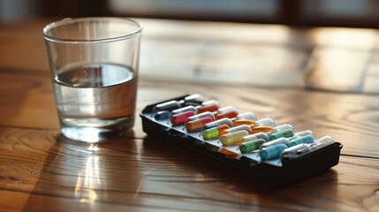Fototapeta premium Colorful capsules in a pill organizer on a wooden table with a glass of water, representing daily medication routine for chronic illness management and health care