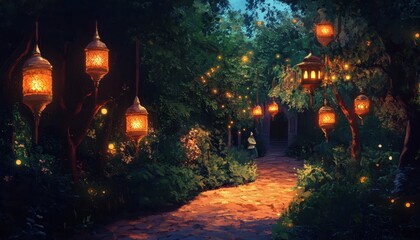Fototapeta premium Enchanted Forest Path with Glowing Lanterns at Night