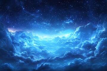 Obraz premium Celestial Night Sky Above Soft Clouds with Stars and Glowing Light in a Dreamlike Scene