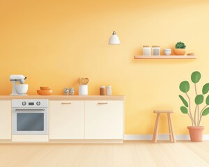 Modern Kitchen with Yellow Walls and Minimalist Decor