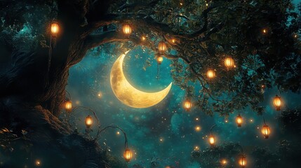 Enchanted Forest Under a Crescent Moon with Glowing Lanterns