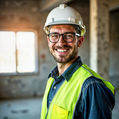 builder in a helmet on the background of a construction site . Generative AI