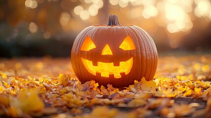 Smiling Jack-o'-lantern on Autumn Leaves: A Festive Halloween Image