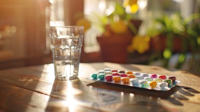 Colorful capsules in a pill organizer on a wooden table with a glass of water, representing daily medication routine for chronic illness management and health care