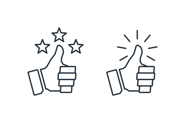 Gesture, finger up movement with stars and sparks. Set vector linear icon illustration isolated on white background.