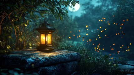 Enchanted Garden at Night with Glowing Lantern and Fireflies