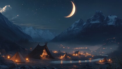 Enchanted Mountain Village Under a Crescent Moon and Starlit Sky