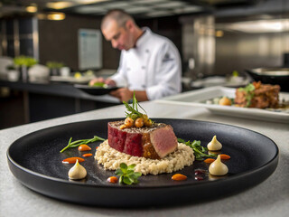 waiter serving food, food elegant expensive dish plate dark black gourmet dinner chef