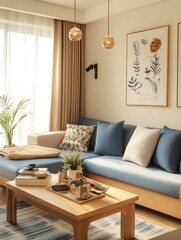 Modern Living Room With Light Wood Coffee Table and Blue Sofa