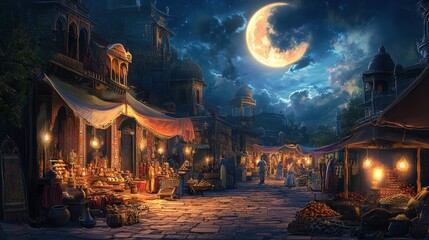 Enchanted Night Market Under a Crescent Moon