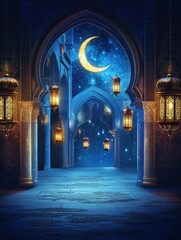 Enchanted Night Scene with Crescent Moon and Glowing Lanterns at an Ornate Archway