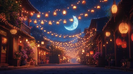 Enchanted Night Street Scene with Glowing Lanterns and Crescent Moon