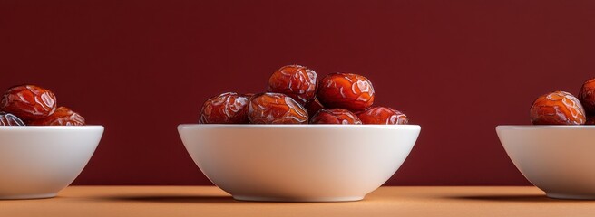 Three bowls of dates on a table against a maroon background.