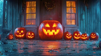 Obraz premium Spooky Halloween Night: Glowing Jack-o'-lanterns on a Rustic Porch. Festive Autumn Decorations and Harvest Celebration.