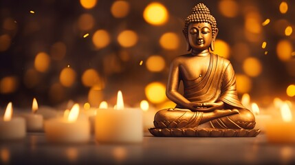 Fototapeta premium Majestic golden Buddha statue in a tranquil meditation pose surrounded by a soft ethereal glow of luminous light exuding a sense of profound inner peace and spiritual enlightenment