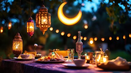 Enchanting Outdoor Dinner Setting with Lanterns and Crescent Moon