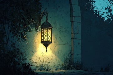 Enigmatic Lantern Illuminating a Misty Night Path